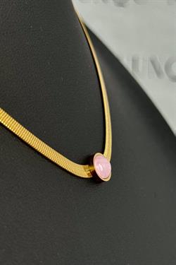 Gold Çelik Pembe Oval Taşlı Ezme İtalyan Kolye