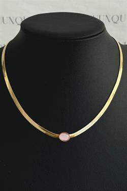 Gold Çelik Pembe Oval Taşlı Ezme İtalyan Kolye
