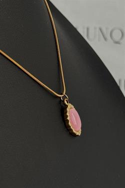 Gold Çelik Pembe Sedef Oval Taşlı Vintage Kolye