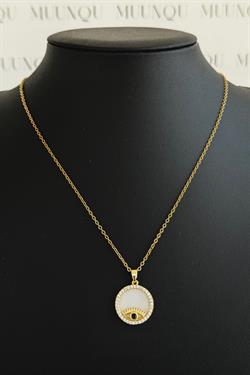 Gold Çelik Taşlı İçi Beyaz Göz Nazar Kolye