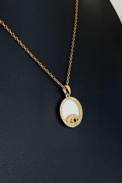 Gold Çelik Taşlı İçi Beyaz Göz Nazar Kolye