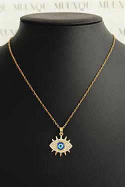 Gold Çelik Taşlı Mavi Nazar Göz Motif Kolye
