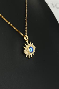 Gold Çelik Taşlı Mavi Nazar Göz Motif Kolye
