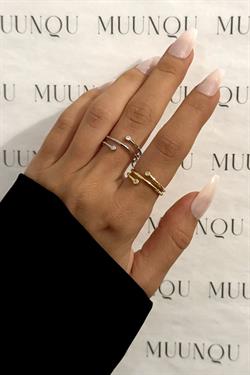 Gold Gümüş Taşlı Üç Sıra Bambu Yüzük