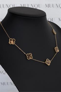 Gold Kahve Çelik Çift Taraflı VC Model Yonca Kolye