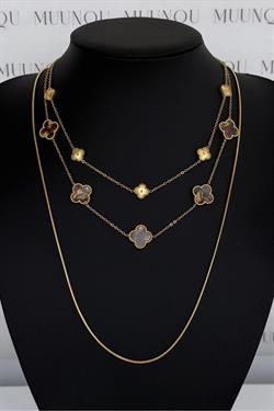 Gold Kahve Çelik Çift Taraflı VC Model Yonca Kolye
