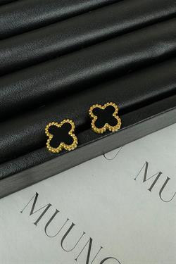 Gold Çelik Siyah VC Yonca Küpe
