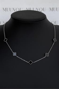 Mini Gümüş Siyah Çelik Çift Taraflı VC Model Yonca Kolye