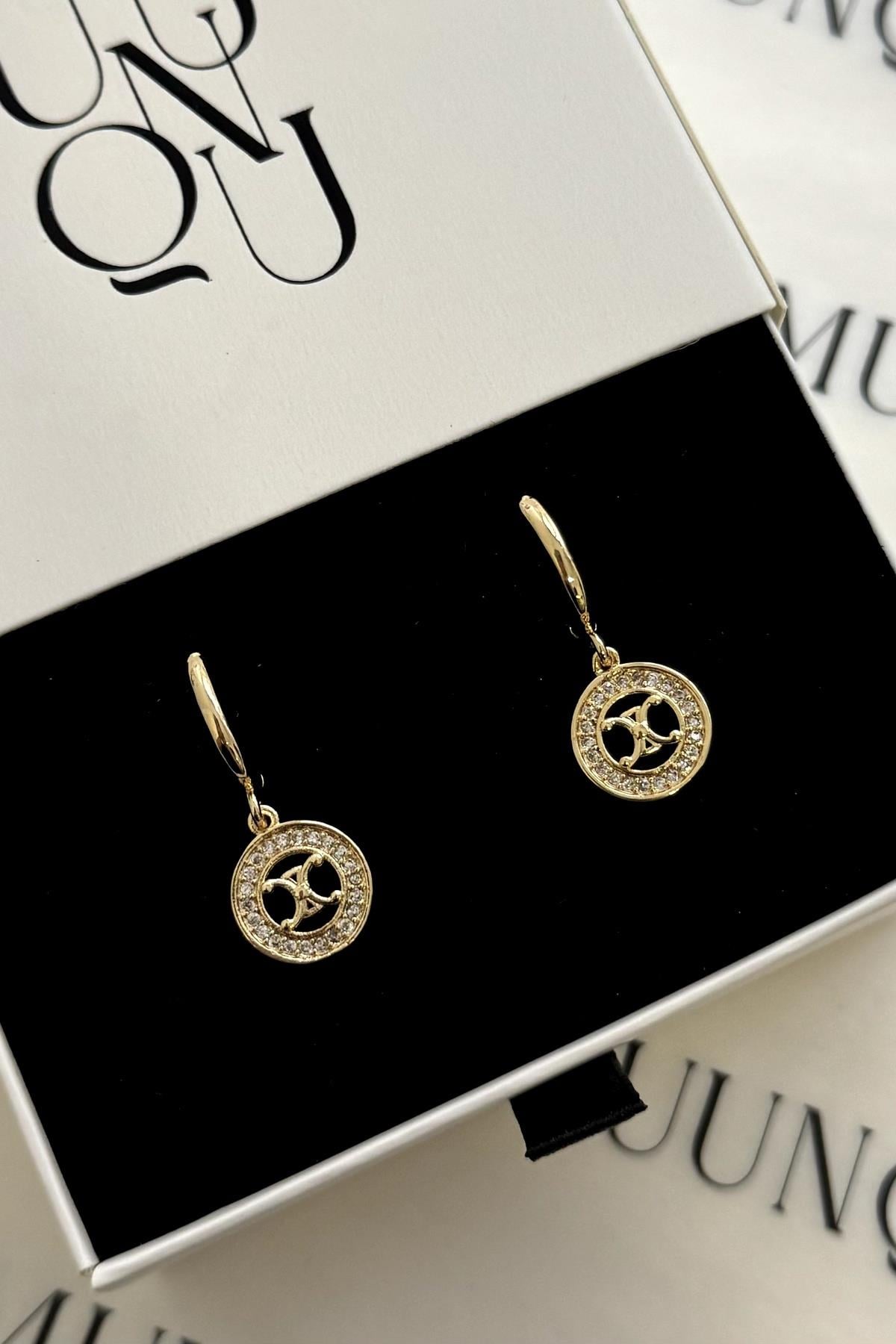 Gold C Model Taşlı Küpe