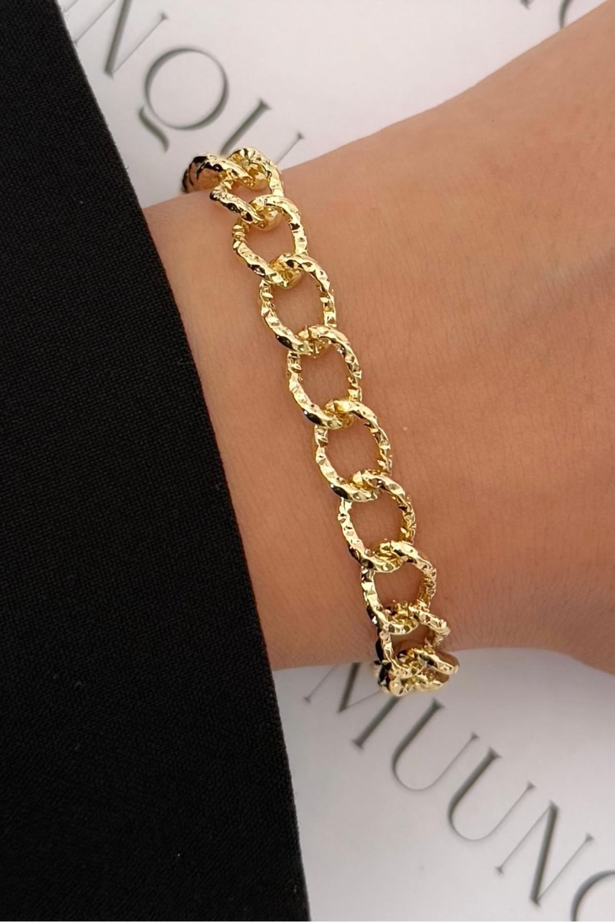 Gold Çelik 14K Desenli Halka Zincir Bileklik