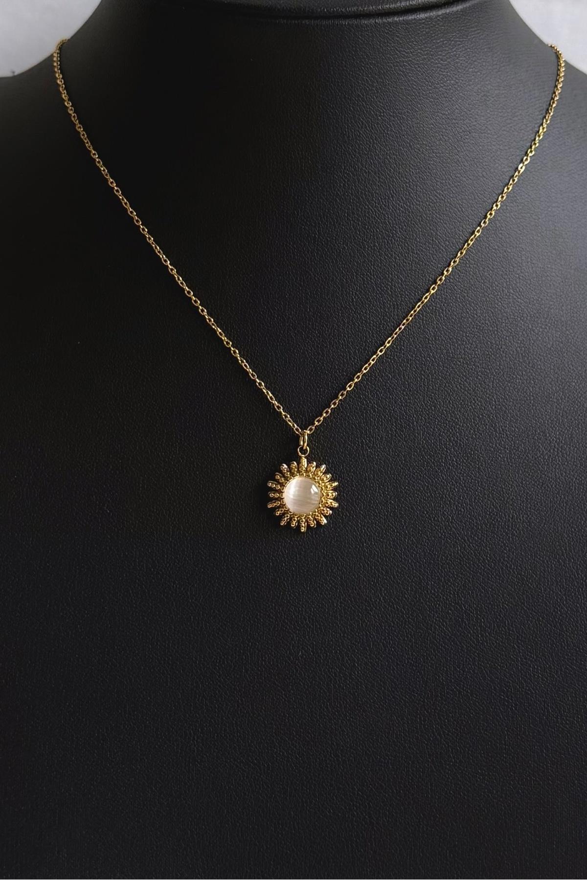Gold Çelik Bej Taşlı Güneş Vintage Kolye