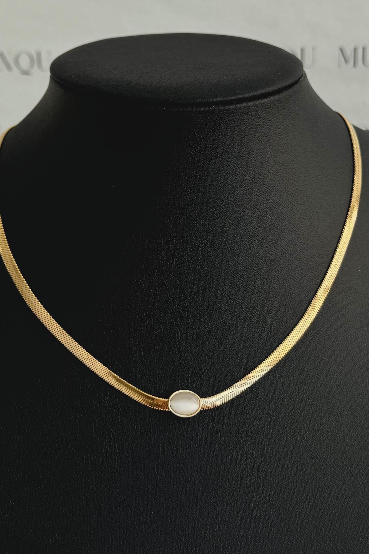 Gold Çelik Beyaz Sedef Oval Taşlı Ezme İtalyan Kolye