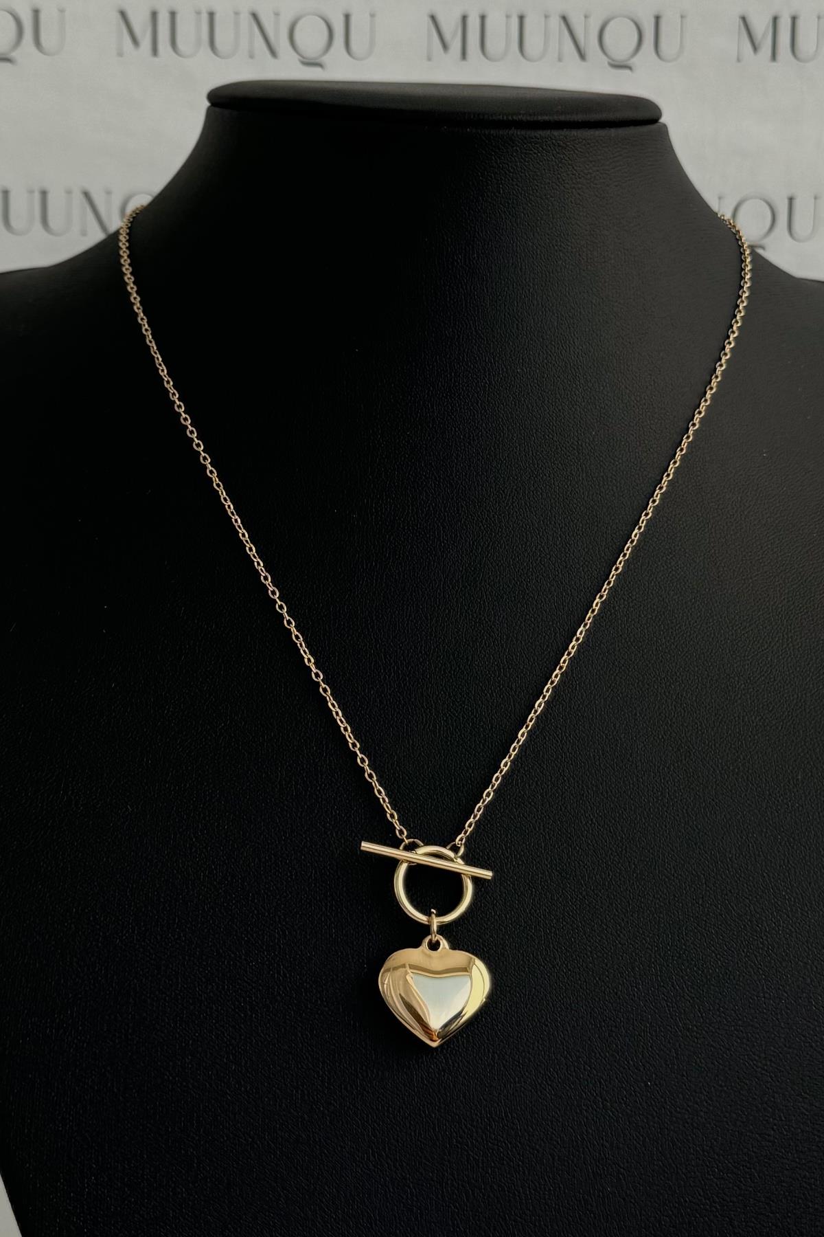 Gold Çelik Çubuk Kilitli Kalp Kolye