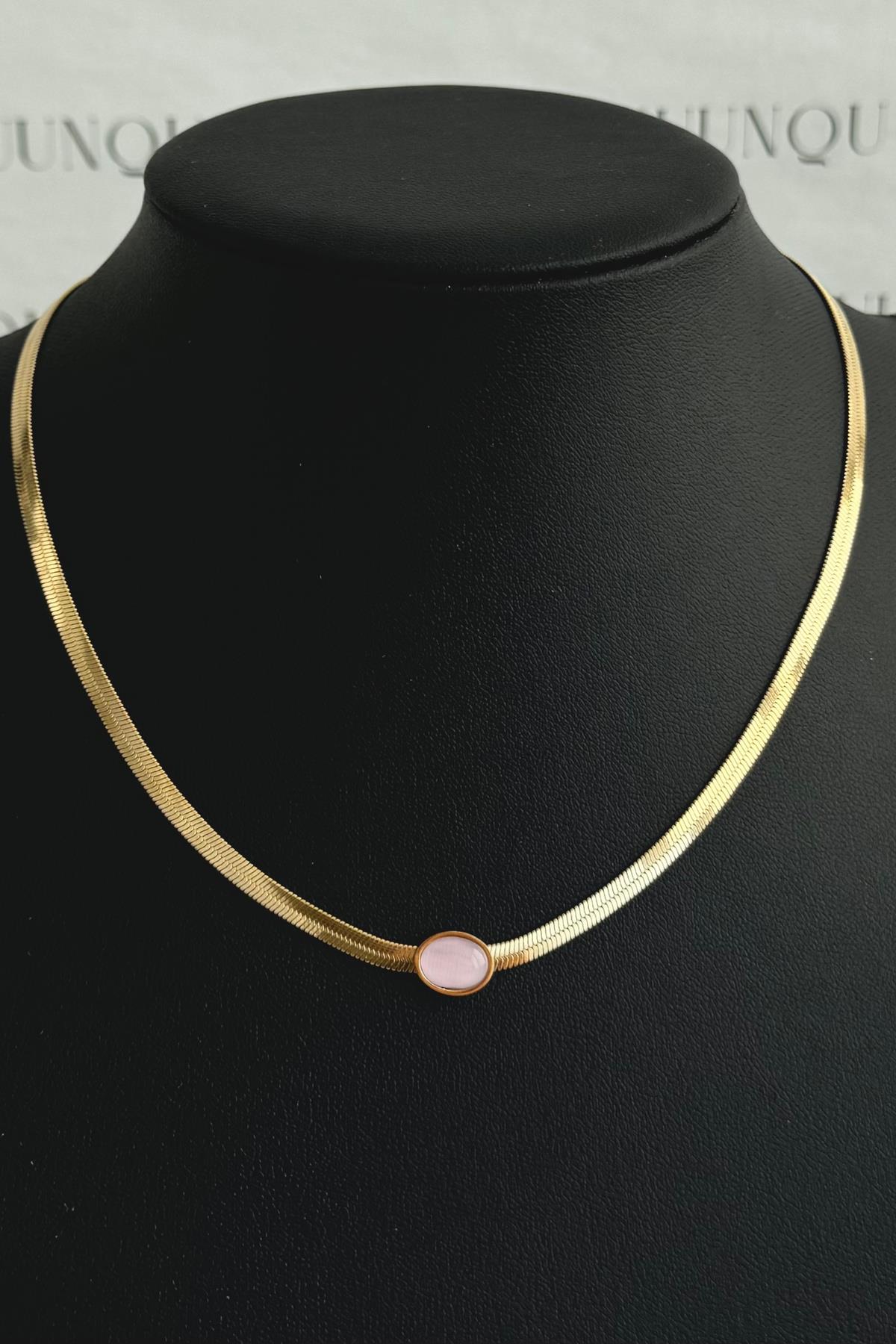 Gold Çelik Pembe Oval Taşlı Ezme İtalyan Kolye