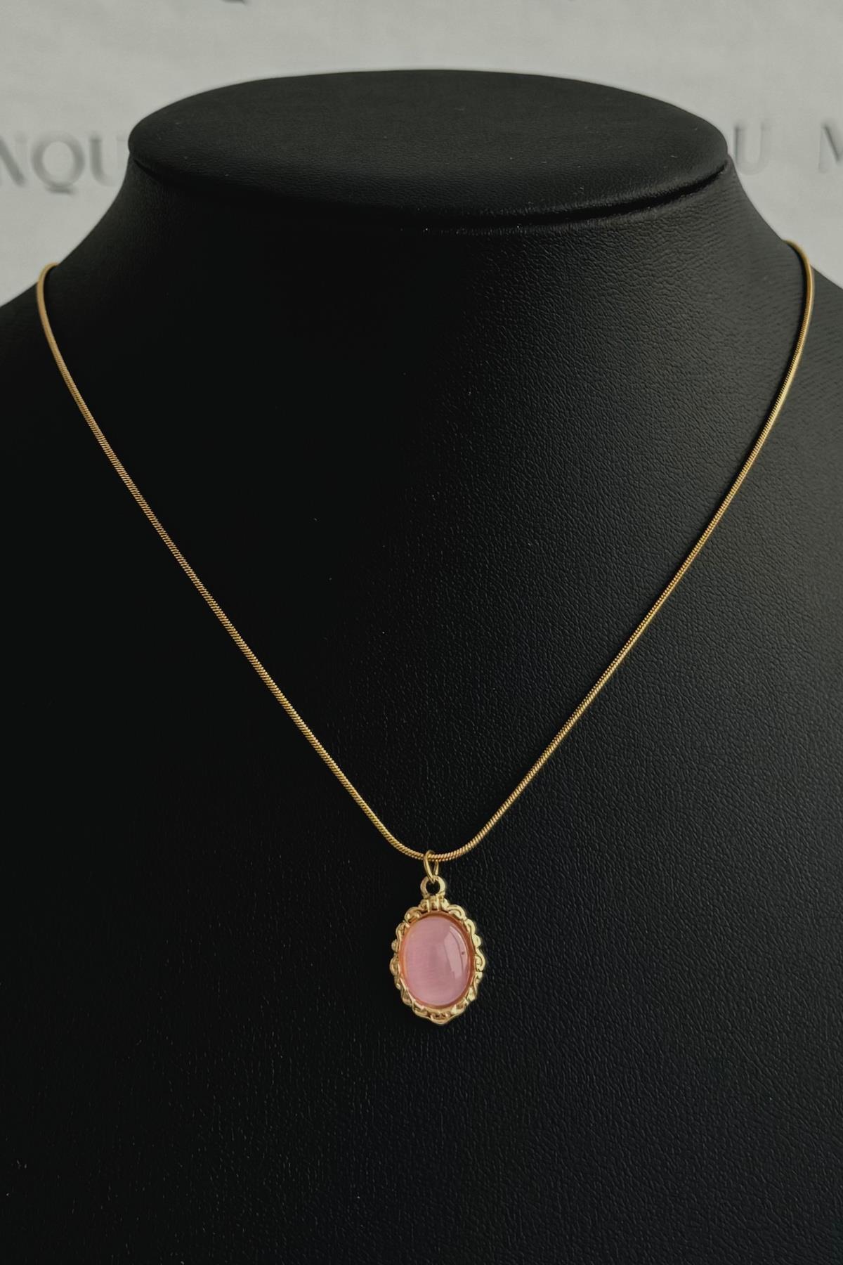 Gold Çelik Pembe Sedef Oval Taşlı Vintage Kolye