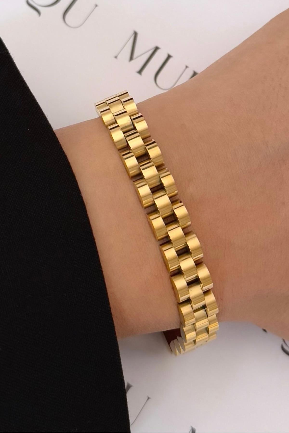 Gold Çelik Rolx Model Kordon Bileklik