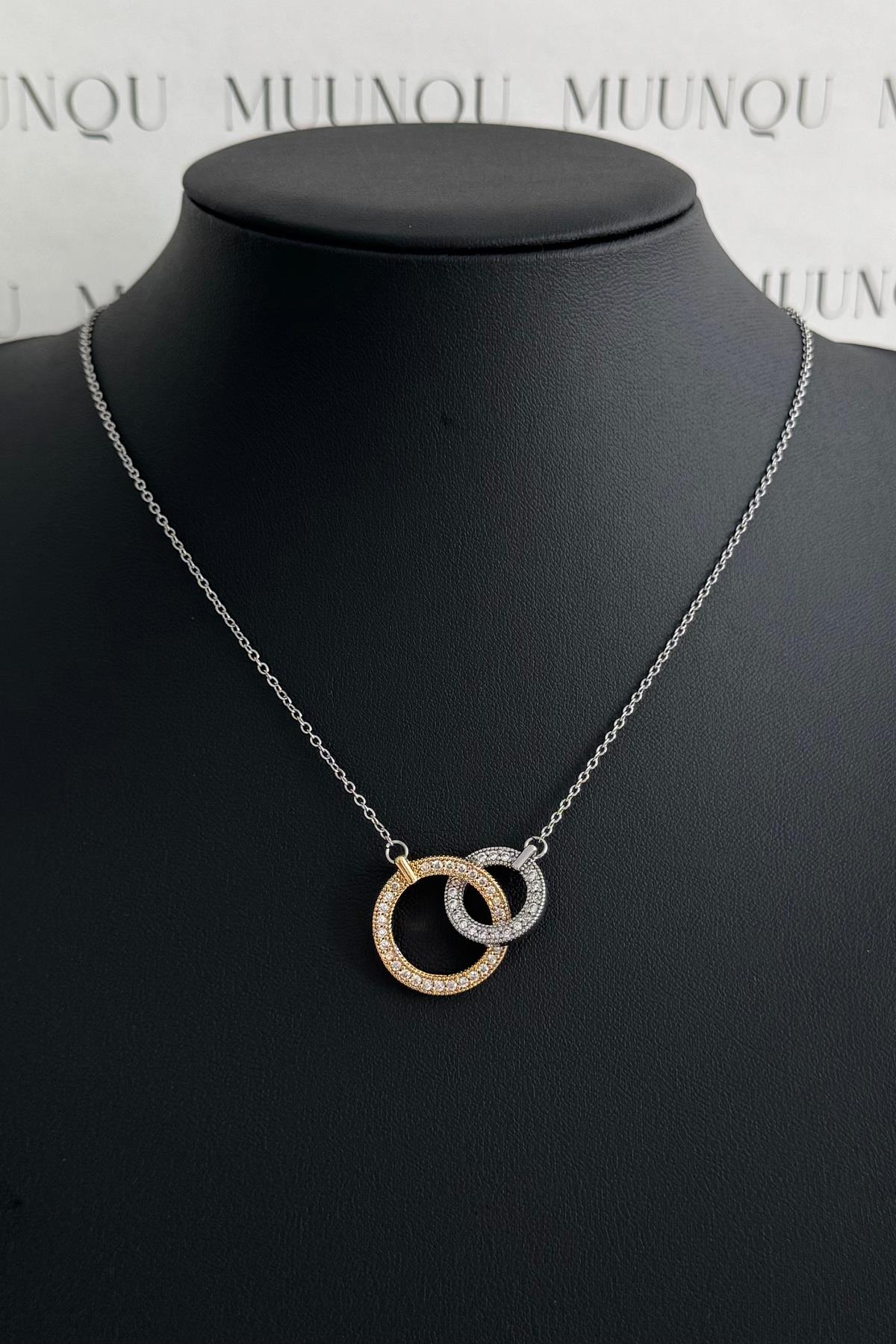 Gold Gümüş Çelik Taşlı İç İçe Halka Kolye