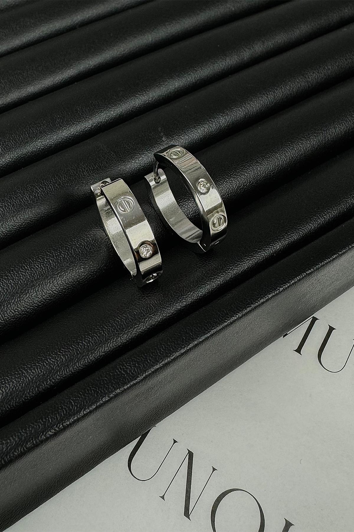 Gümüş Taşlı Cartier Model Halka Küpe