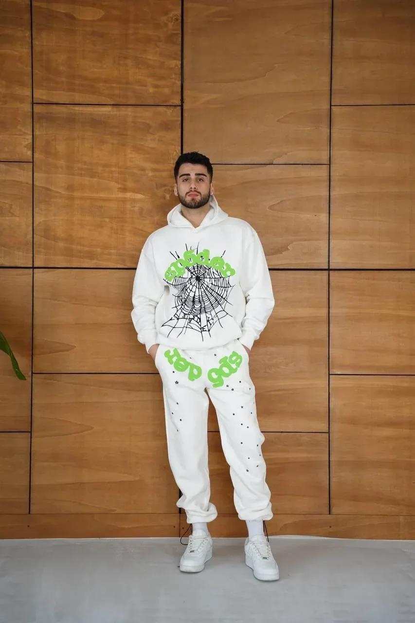 Erkek Kapüşonlu Eşofman Takım Örümcek Ağı ve Neon Yeşil Baskılı Kanguru cepli Oversize Rahat Kalıp, Premium Üç İplik Kumaş - Beyaz