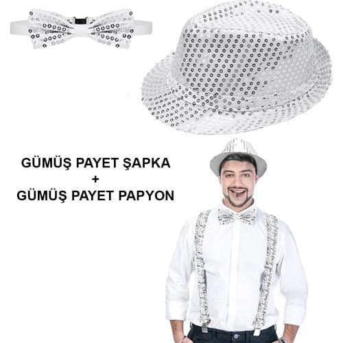 Gümüş Payetli Şapka ve Papyon Seti – Parıltılı Yetişkin Kostüm Seti