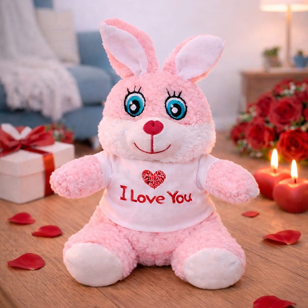 I Love You Tişörtlü Sevimli Pembe Peluş Tavşan