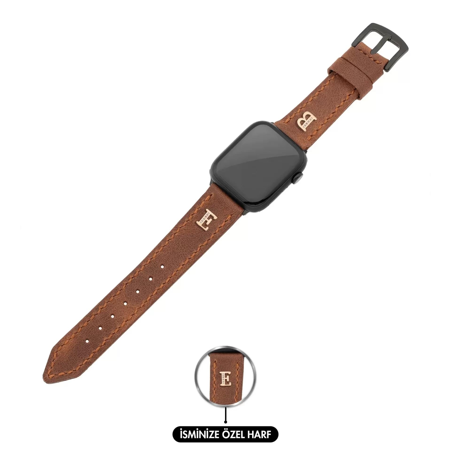 İsme Özel El Dikişli Apple Watch Saat Kordonu - %100 Çift Kat Deri - AG03001 - Kahverengi