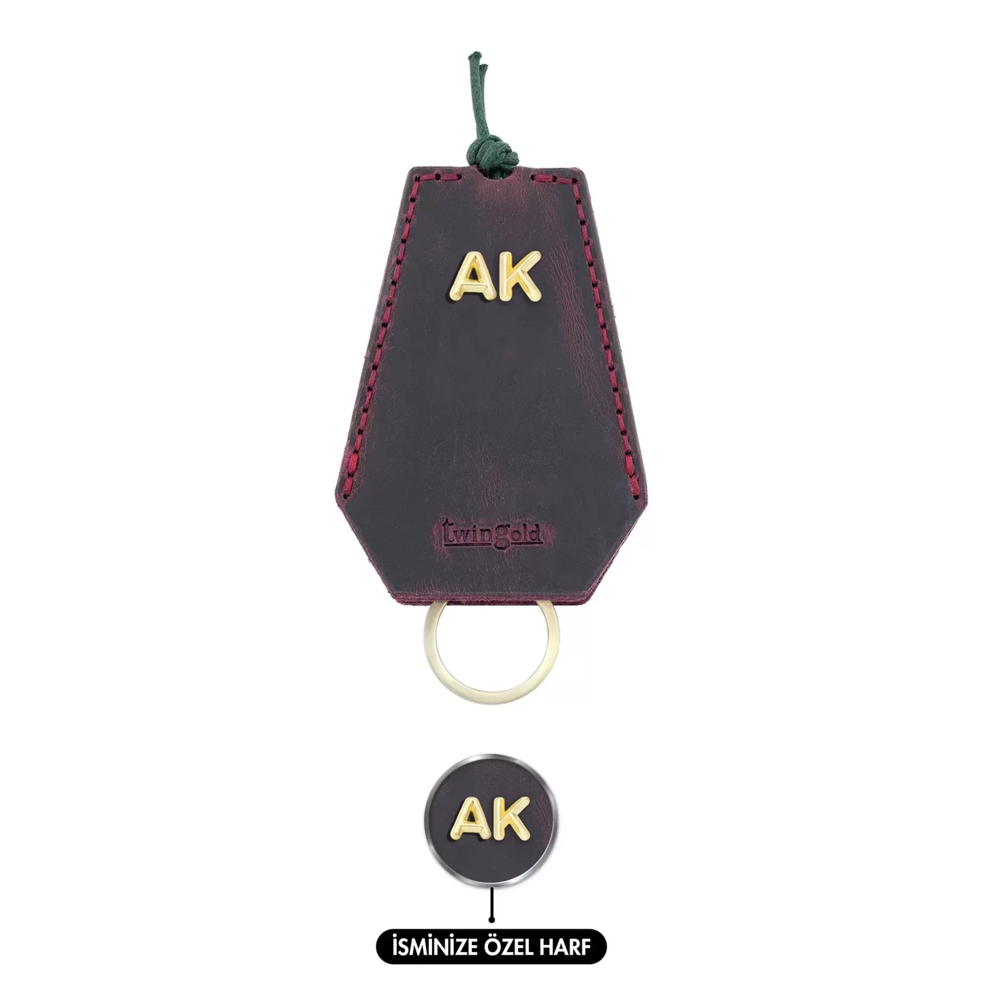 İsme Özel İpli Anahtarlık - % 100 Rainbow Deri - AG01002 - Bordo