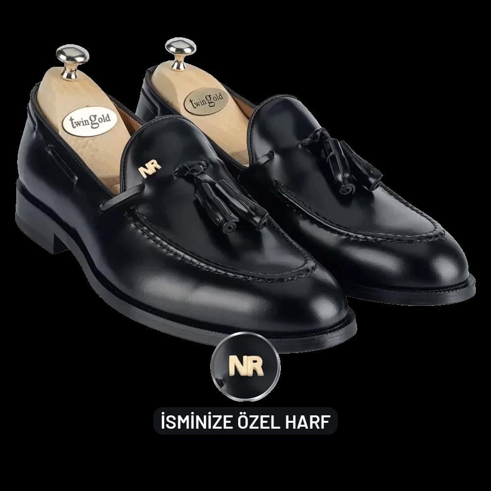İsme Özel Loafer Erkek Ayakkabı -  %100 Hakiki Açma Deri - Gümüş Harf - AA01011 - Siyah