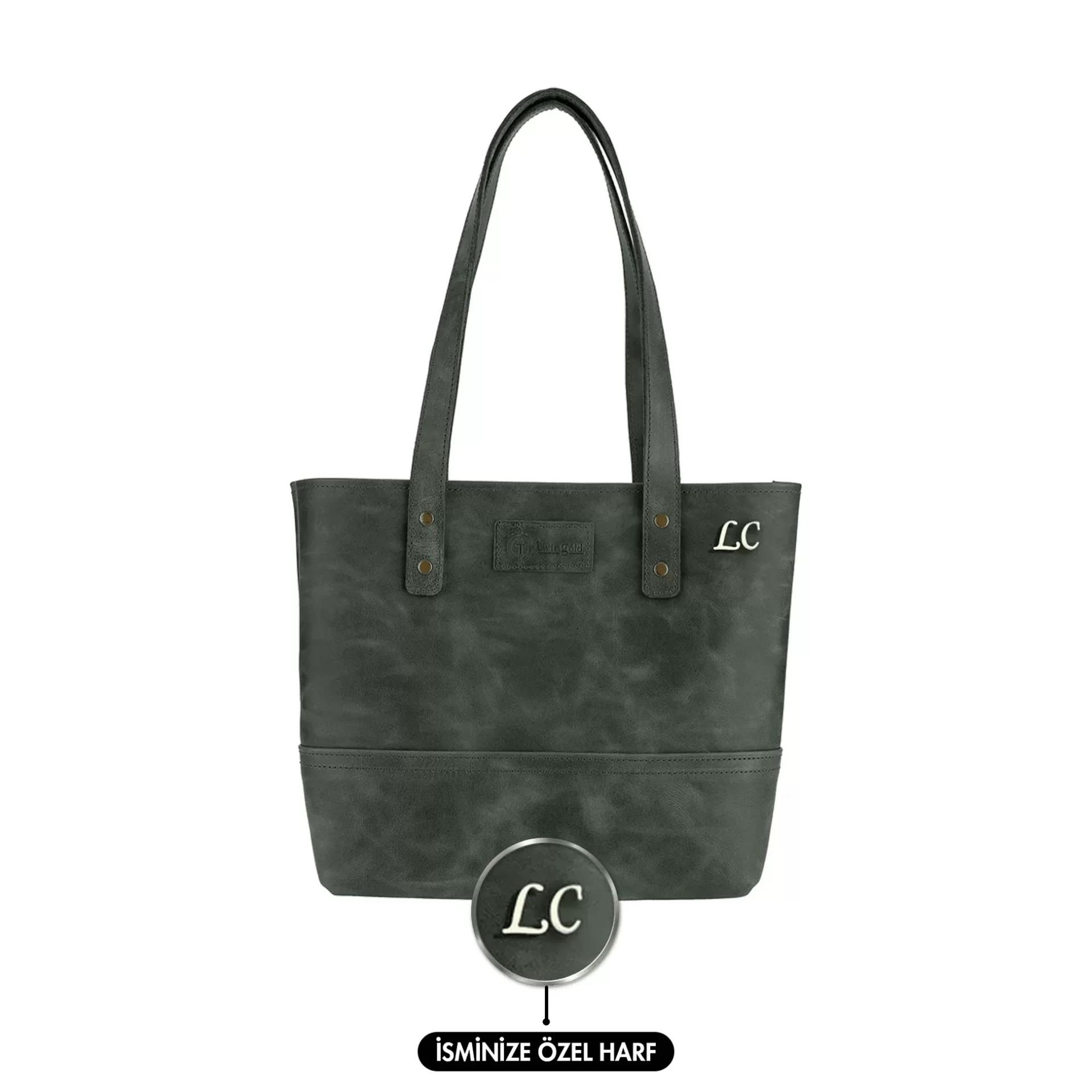 İsme Özel Tote Bag El Omuz Çantası - %100 Rainbow Deri - AC03003 - Haki