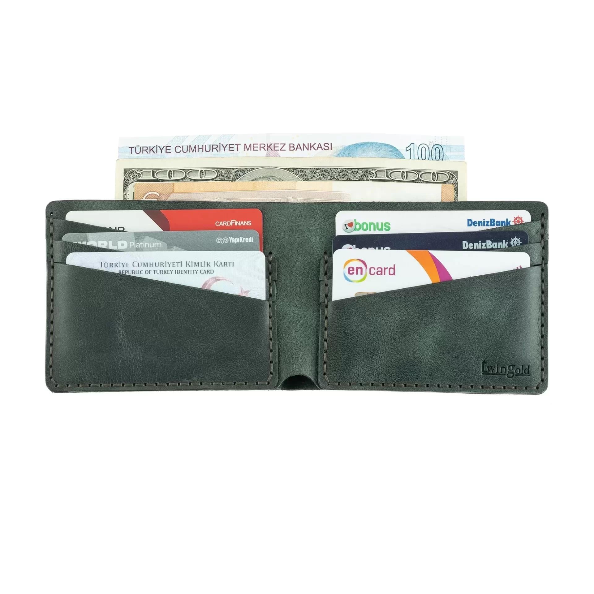 İsme Özel Yatay Klasik Cüzdan - %100 Rainbow Deri - A010001 - Haki