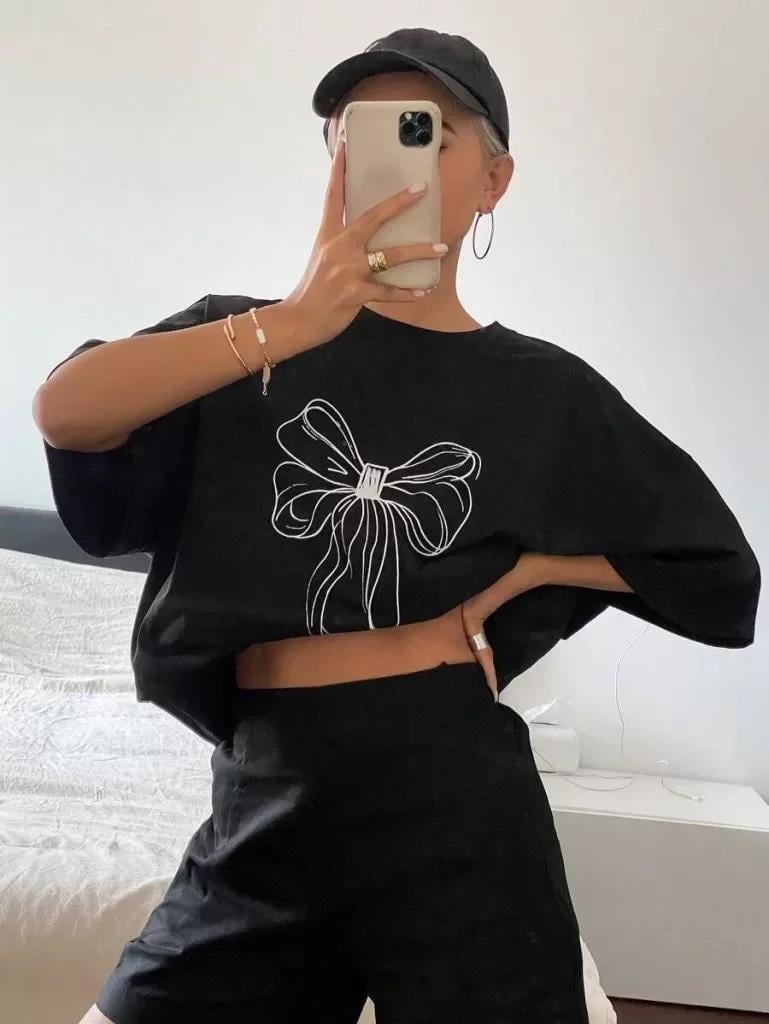 Kadın Baskılı Oversize T-shirt - Siyah