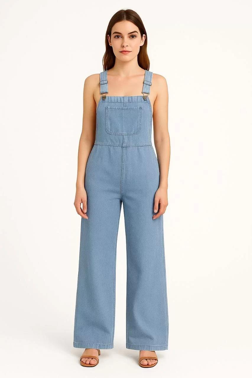 Kadın Chambray Açık Mavi Denim Görünümlü Geniş Paça Salopet Tulum - Mavi