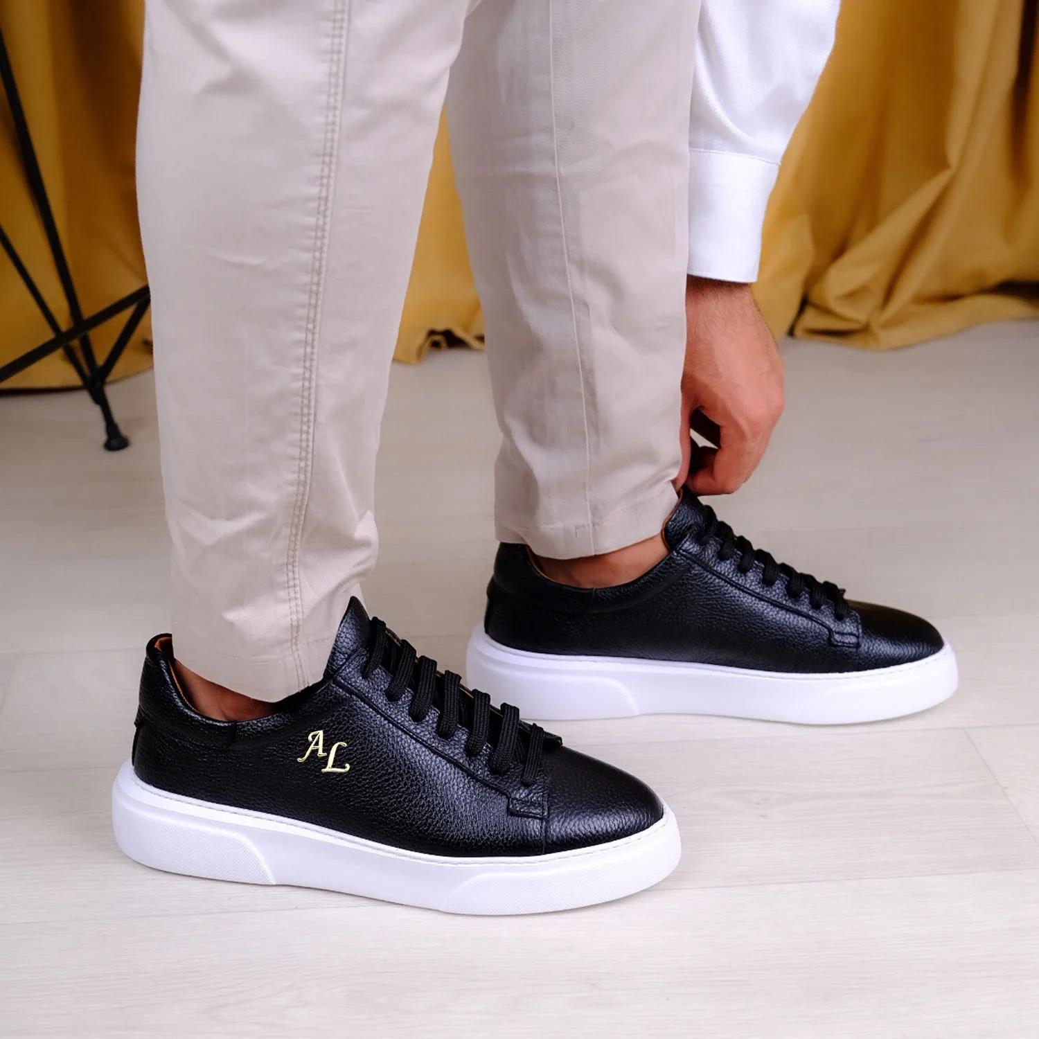 Kişiselleştirilebilir Kalın Ortopedik Tabanlı %100 Deri Sneaker Spor Ayakkabı - Siyah - Beyaz