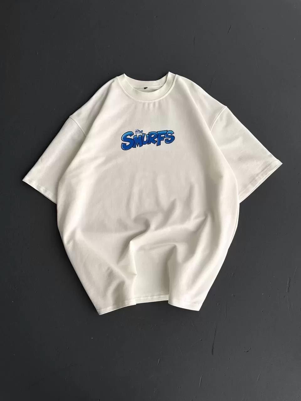 Ön ve Arka Baskılı Oversize Bisiklet Yaka T-shirt- Beyaz