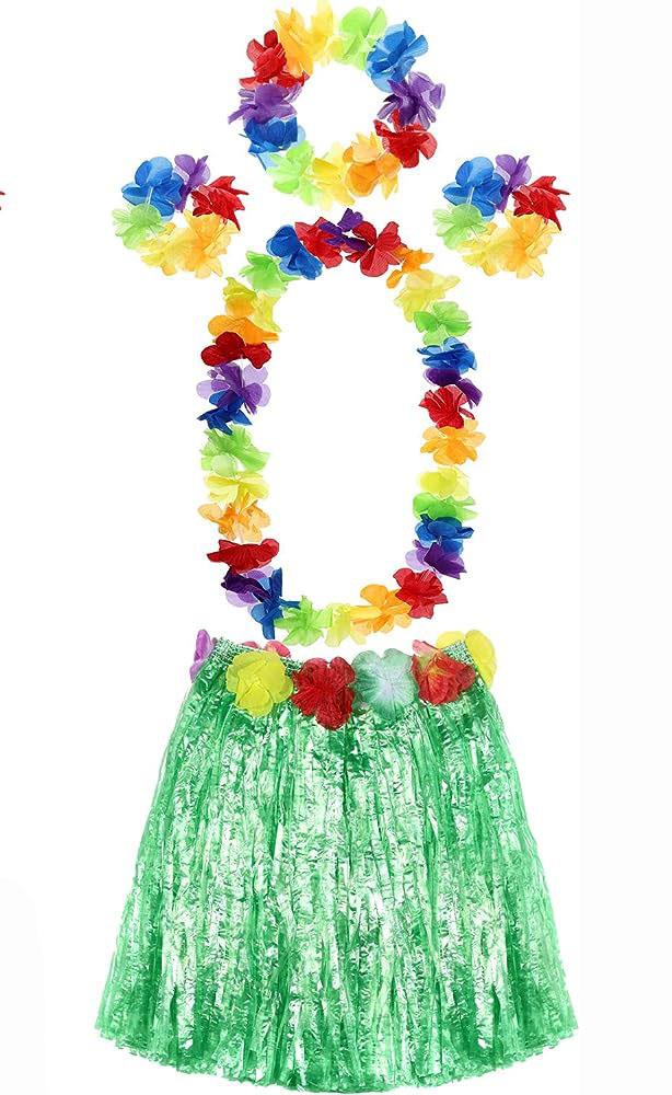 YETIŞKIN VE ÇOCUK UYUMLU LUAU ALOHA HAWAII YEŞIL ETEK VE RENKLI KOLYE TAÇ 2 ADET BILEKLIK SETI
