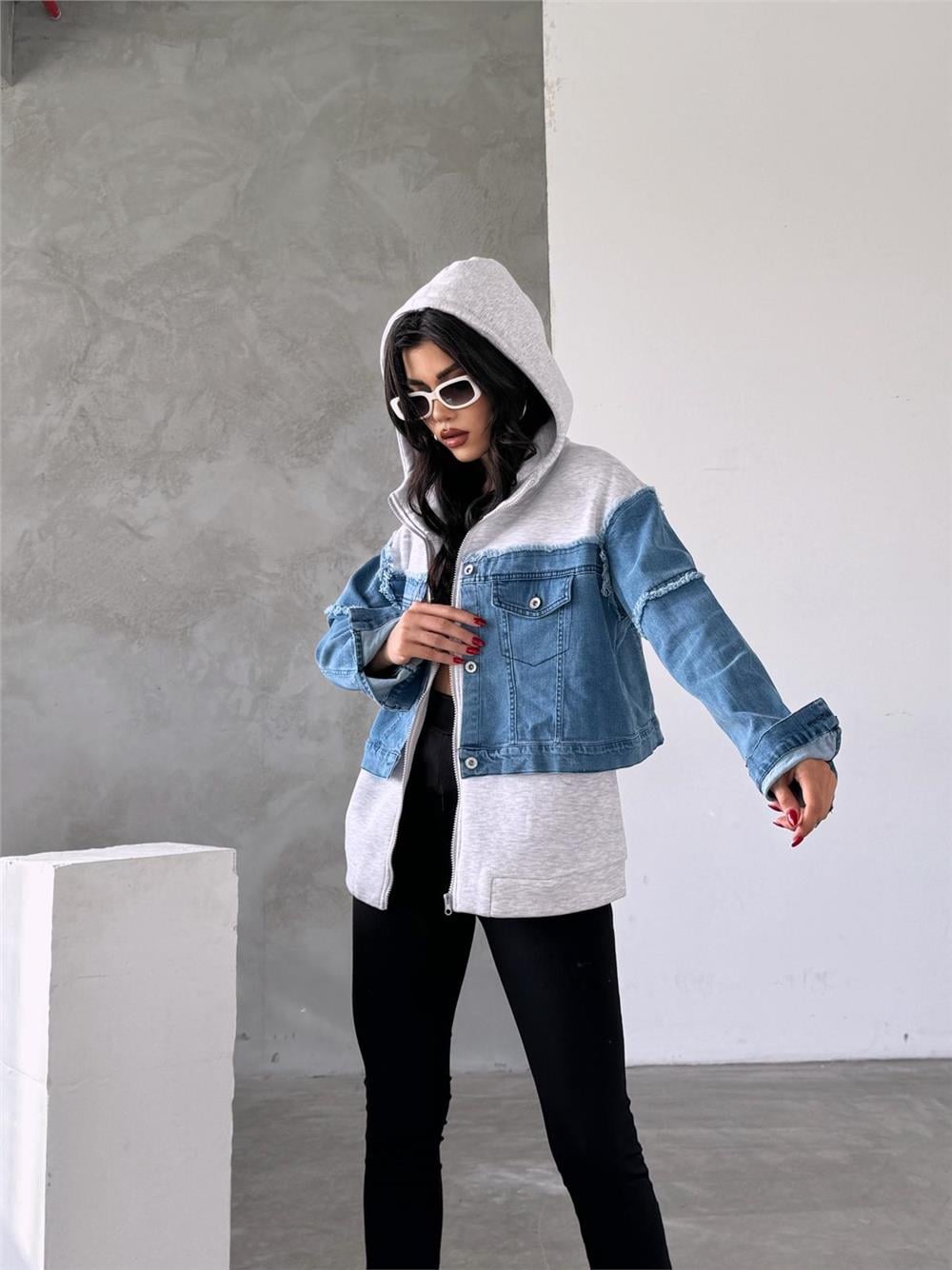 Kapüşonlu Fermuarlı Denim Polar Ceket - (S-L) - P113002 - Mavi