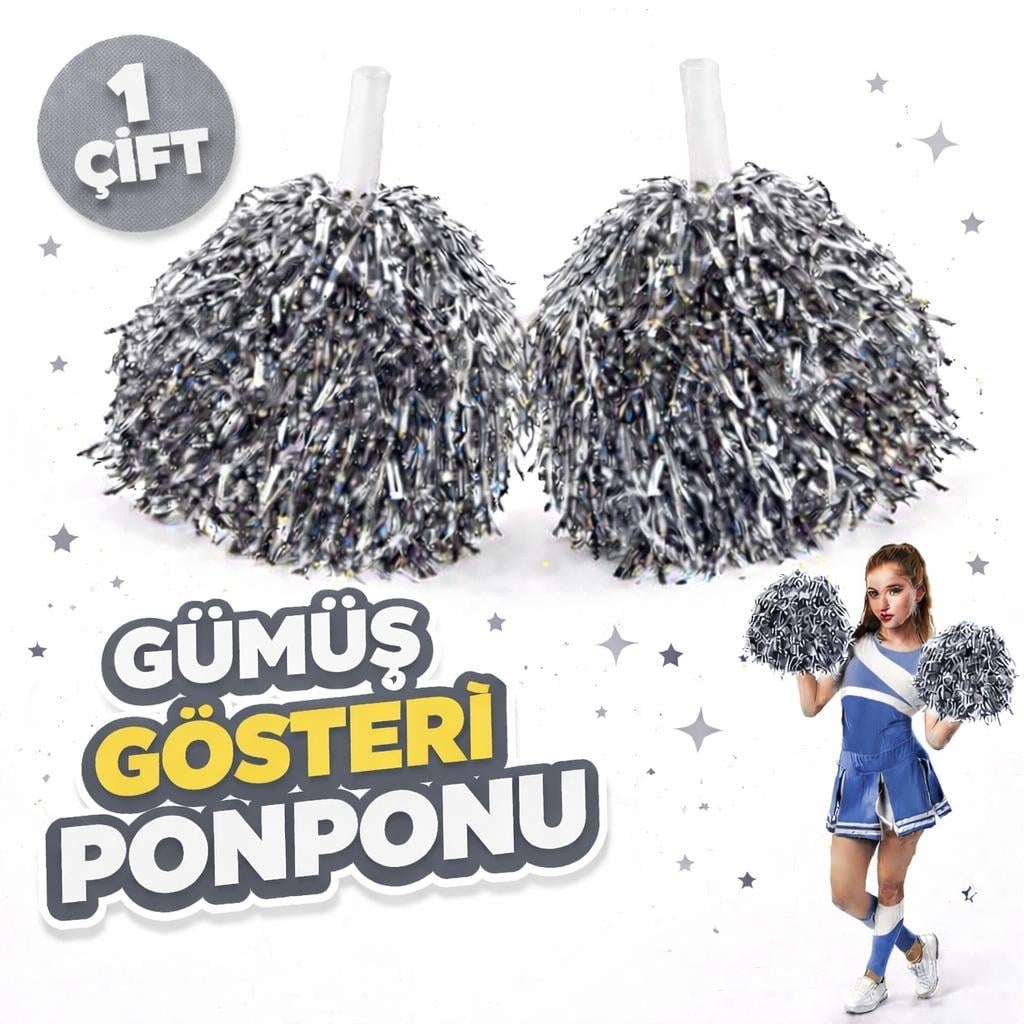 1 Çift Gümüş Renk Okul Gösteri Ponponları - Ekstra Dolgun
