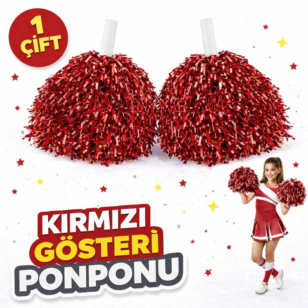 1 Çift Kırmızı Okul Gösteri Ponponları - Ekstra Dolgun