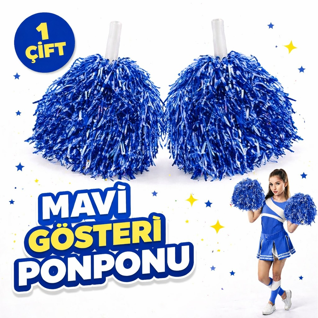 1 Çift Mavi Okul Gösteri Ponponları Ekstra Dolgun