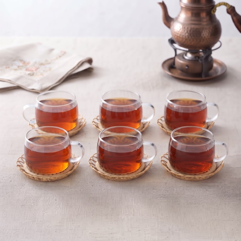 12 Parça El Yapımı Bambu Çay Seti - El Yapımı Bambu Bardak Altlığı - 6 Kişilik Fincan Takımı