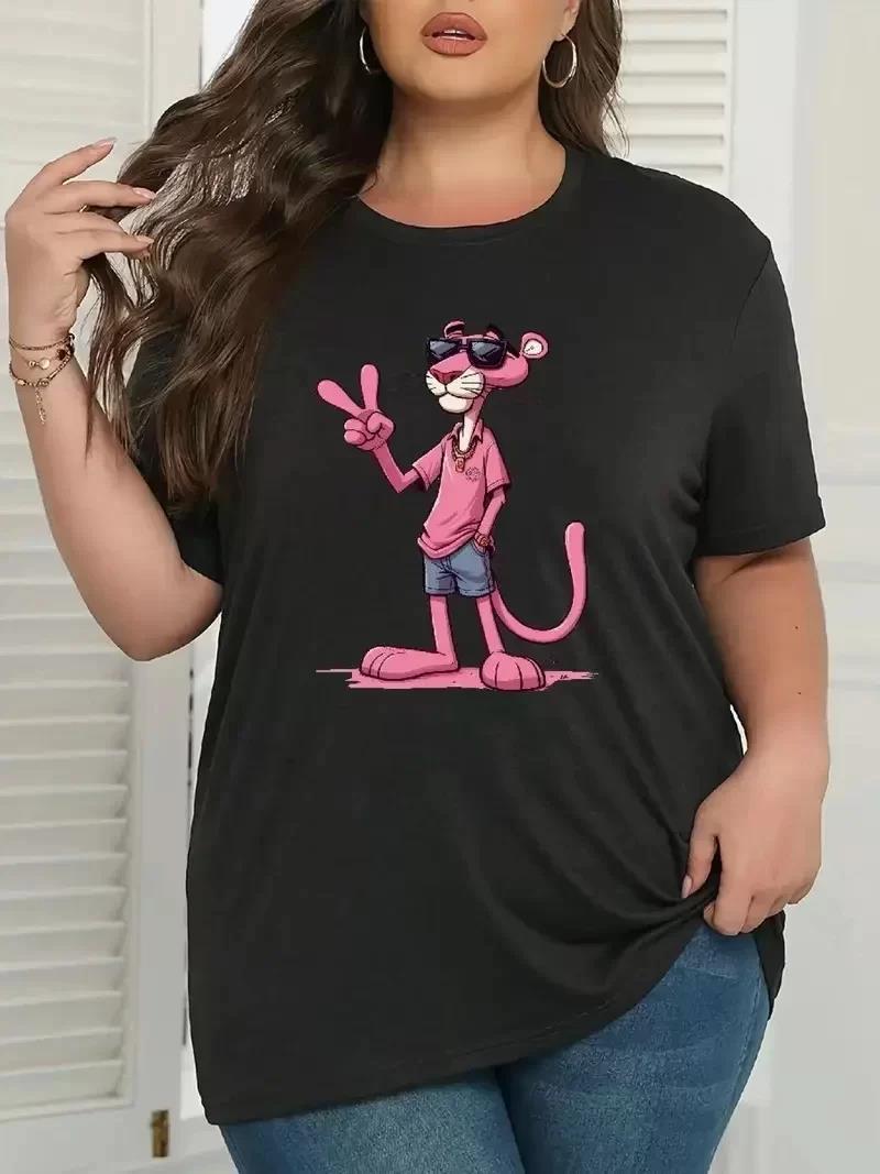 20/1 Penye Compack Pembe Panter Baskılı Oversize Bisiklet Yaka Kısa Kol Yazlık T-shirt - Beyaz