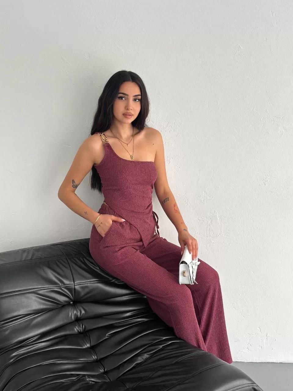 Asimetrik Crop Pantalon ikili Takım - Gül Kurusu