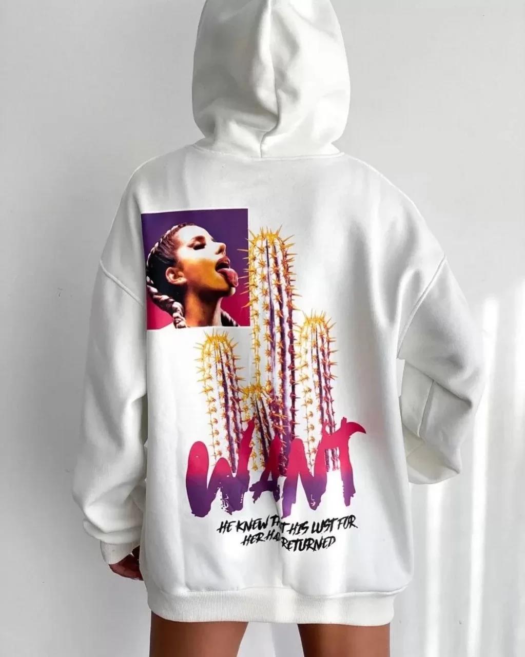 Baskılı Üç İplik Kapüşonlu Oversize Sweatshirt - Beyaz