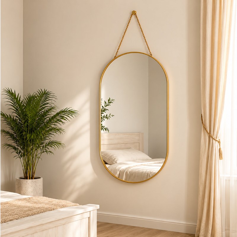 Dekoratif Duvar Aynası - Gold Metal Çerçeveli - İp Askılı - 24x40 cm