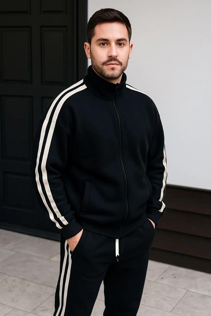 Erkek Çift Şeritli Eşofman Takım Dik Yaka Fermuarlı Sweatshirt Boru Paça Alt, Oversize 3 iplik Pamuklu - Siyah