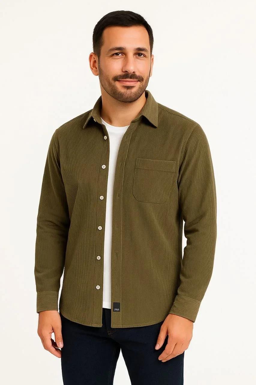 Erkek Fitilli Kadife Cepli Gömlek Oversize Rahat Kalıp - Haki