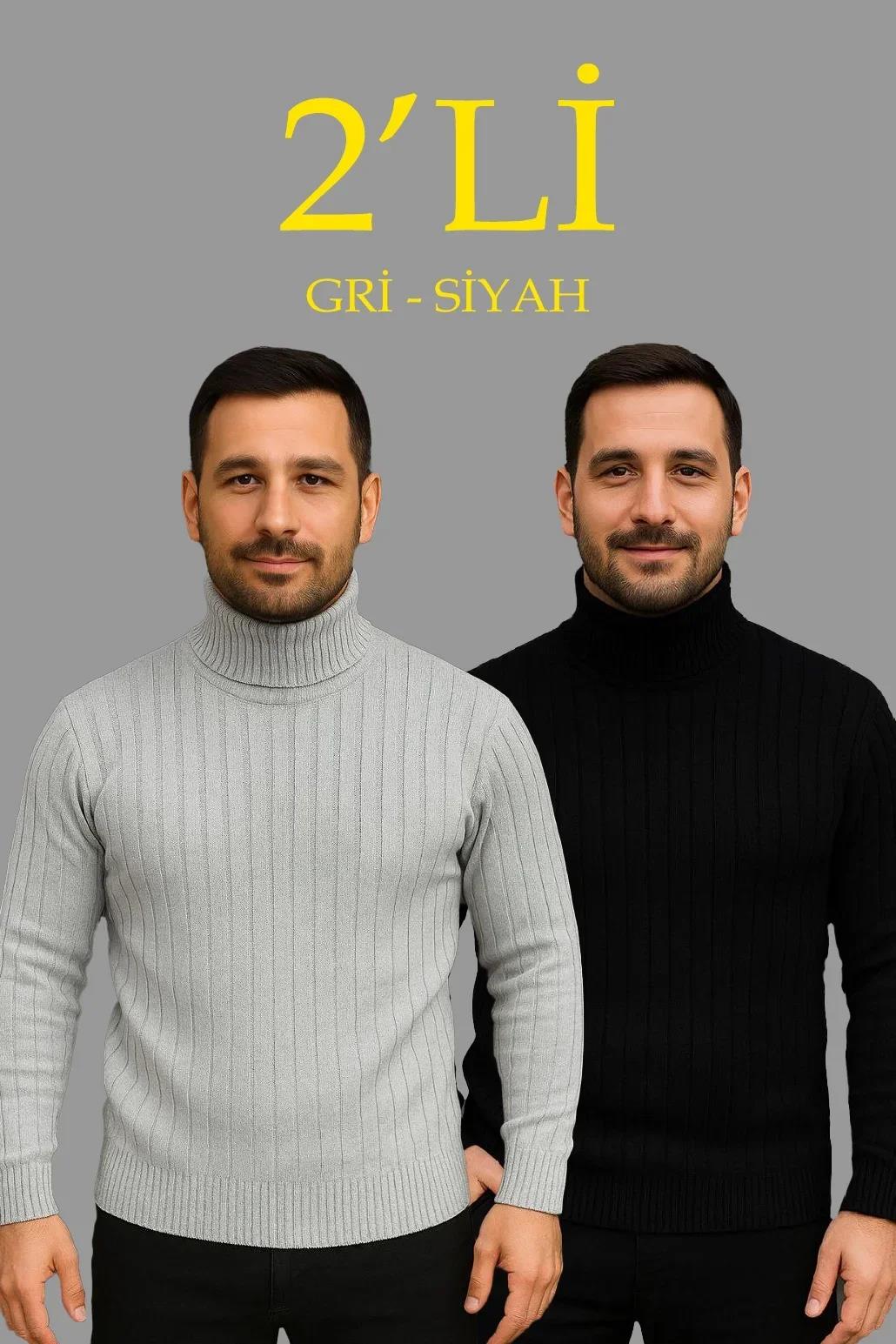 Erkek Fitilli Triko Kazak 2'li Set Gri Siyah Regular Balıkcı Yaka Tam Boğazlı Triko Seti Modeli Kazak