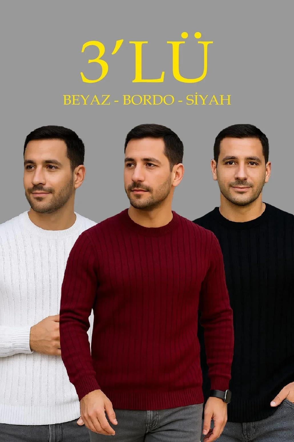 Erkek Fitilli Triko Kazak 3’lü Set – Beyaz, Bordo, Siyah | Kalın Dokuma Pamuklu Regular Fit Bisiklet Yaka Uzun Kollu Kışlık ve Baharlık Rahat Triko Kombini