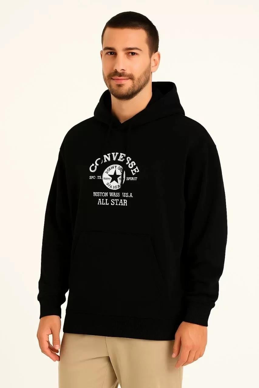 Erkek Kapşonlu Sweatshirt – Üç İplik Şardonlu Kumaş, Oversize Fit, Ön & Arka Baskılı, Kanguru Cepli, Kışlık Rahat Hoodie- Siyah