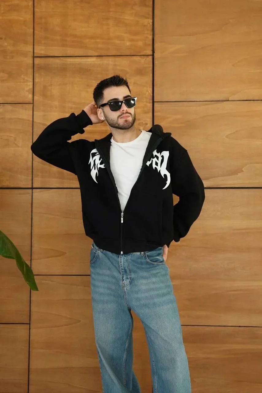 Erkek Kapüşonlu Sweatshirt  Hoodie 3 İplik Şardonlu Pamuklu Kumaş, Önü Baskılı, Fermuarlı Rahat Kalıp, Kışlık ve Sokak Stili Sweat - Siyah
